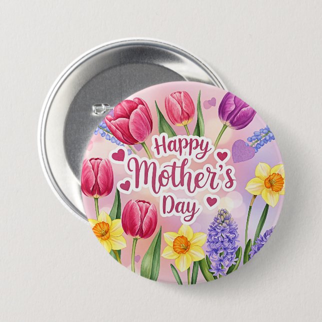 Happy Mother's Day, spring flowers, Button (Front & Back)
