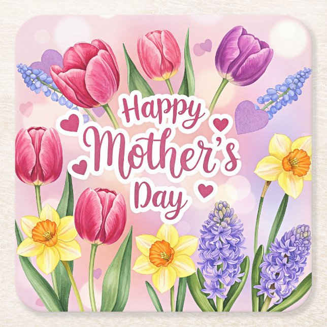Happy Mother's Day, spring flowers, Square Paper Coaster (Front)