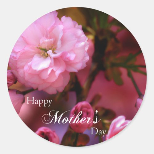 Happy Mothers Day Spring Pink Cherry Blossoms Classic Round Sticker