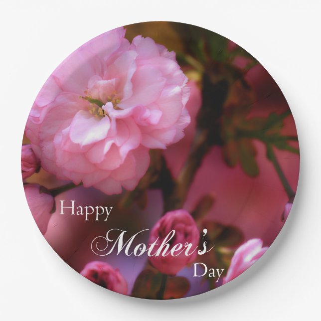 Happy Mothers Day Spring Pink Cherry Blossoms Paper Plates (Front)