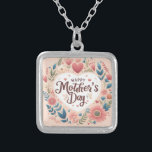 Happy Mother's Day Square Necklace<br><div class="desc">Pretty picture,  in pastel colors,  of flowers and a heart frame the message,  "Happy Mother's Day" on this silver plated square necklace. A sweet gift to give Mom on her special day!</div>