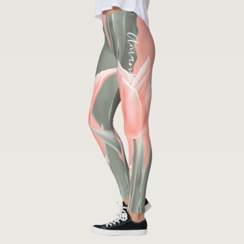 Happy Mothers Day Stylish Peach Tulips Flowers Leggings