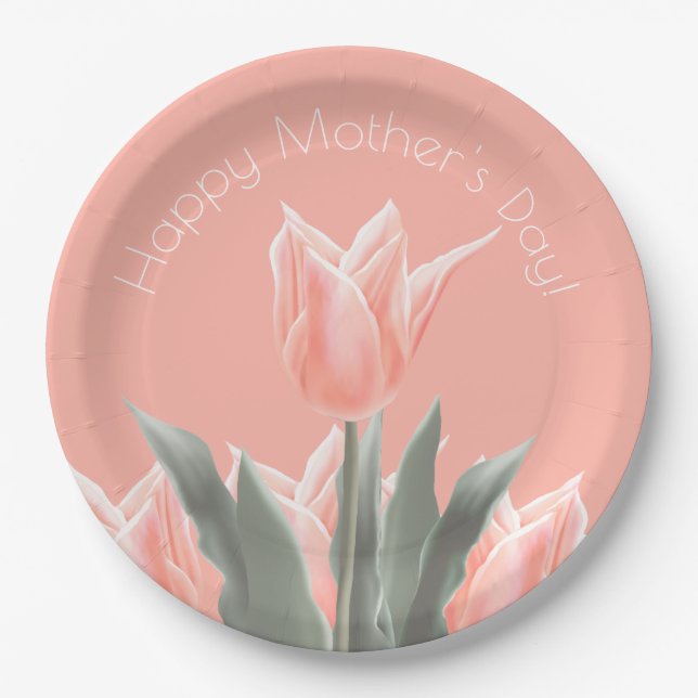 Happy Mother's Day! Stylish Peach Tulips Flowers Paper Plates (Front)