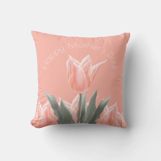 Happy Mother's Day! Stylish Peach Tulips Flowers Throw Pillow (Front)