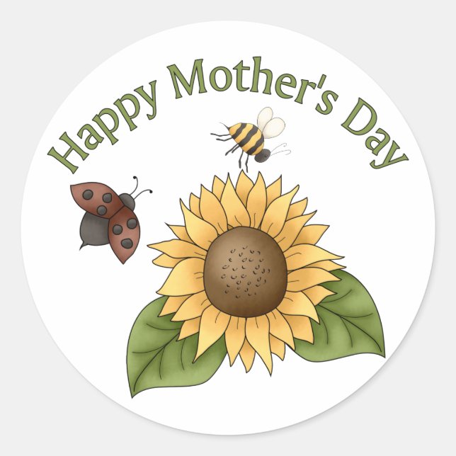 happy Mothers Day Sunflower, Butterfly, Bee Classic Round Sticker (Front)