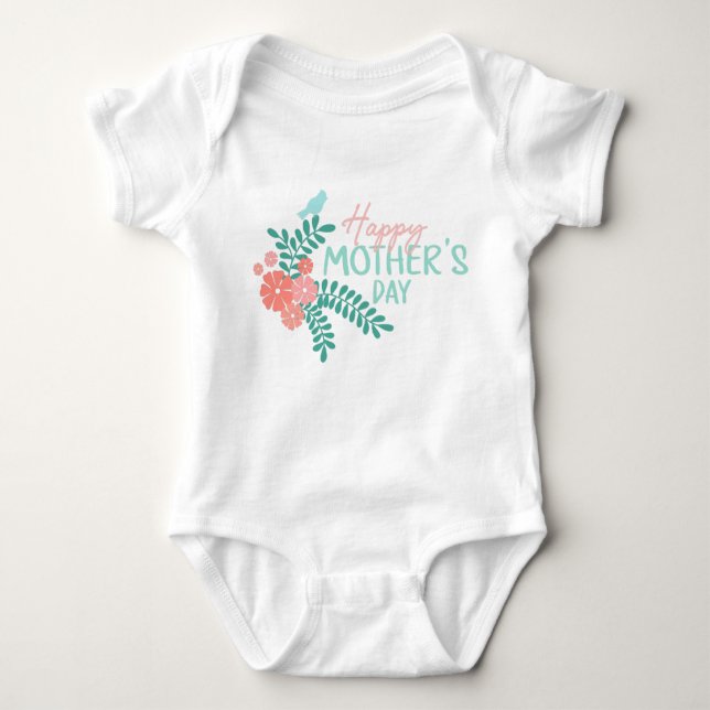 Happy mother's day text flowers bird baby bodysuit (Front)