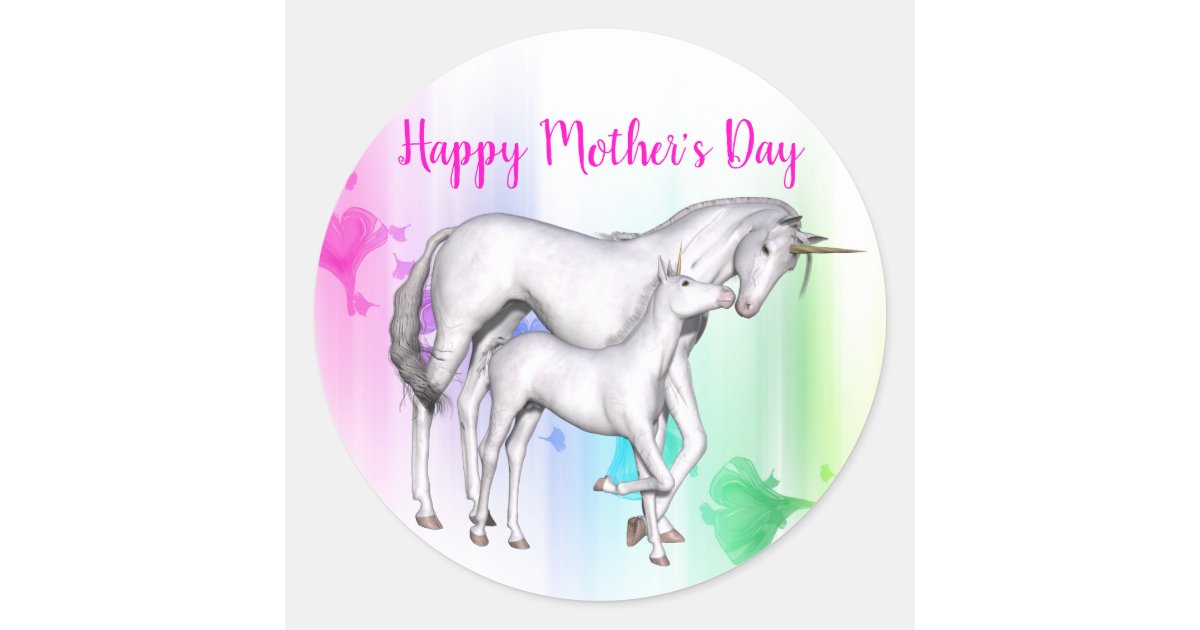 Happy Mother's Day | Unicorn with her Baby Classic Round Sticker | Zazzle
