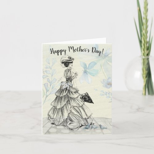 Happy Mothers Day Victorian Woman Parasol Birds Holiday Card