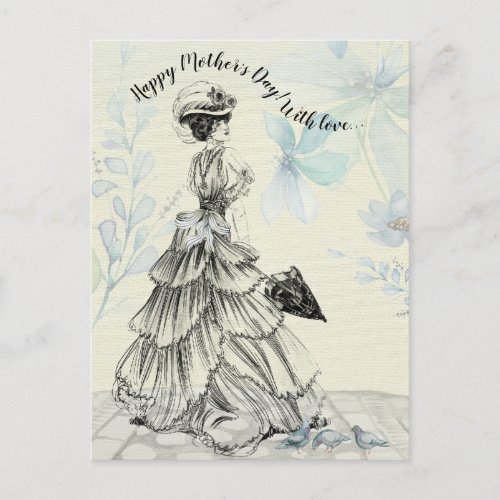 Happy Mothers Day Victorian Woman Parasol Birds Postcard