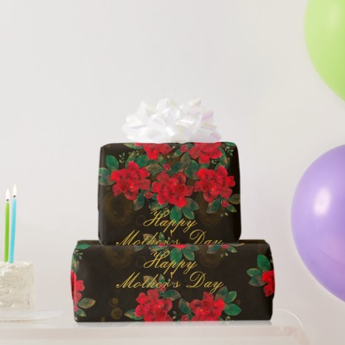 Happy Mothers Day Vintage Black Gold Red Roses Wrapping Paper