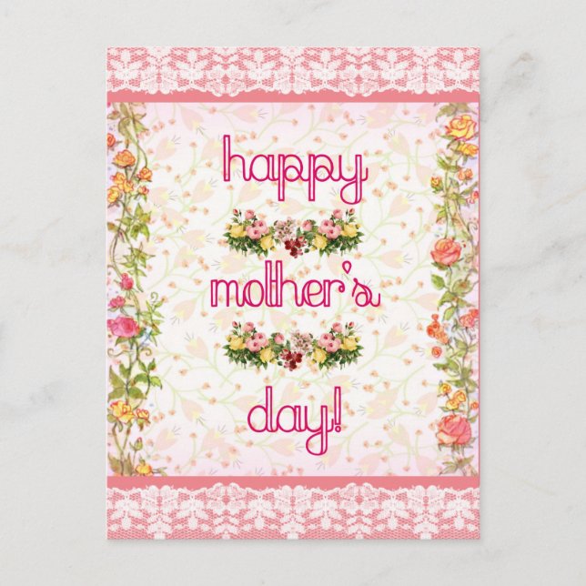 Happy Mother's Day Vintage Pink Lace Style Postcard (Front)