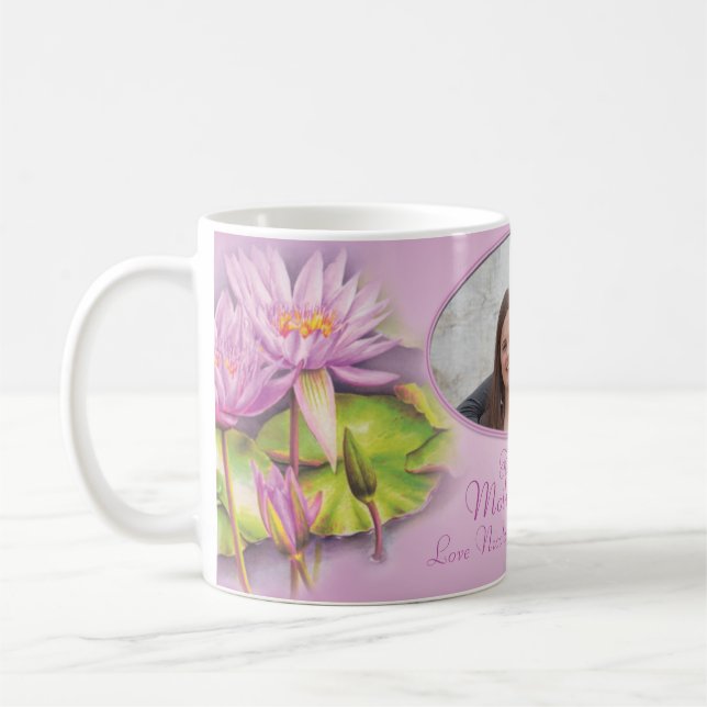 Happy Mothers Day water lily "own photo" mug (Left)
