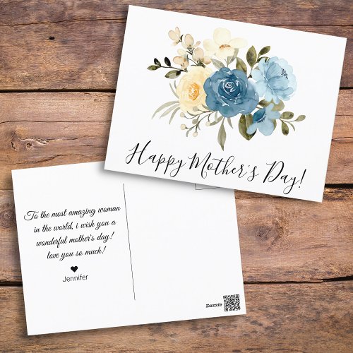 happy mothers day watercolor blue floral chic postcard