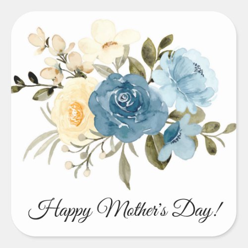 happy mothers day watercolor blue flowers elegant square sticker