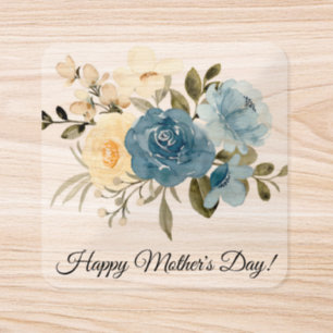 happy mothers day watercolor blue flowers elegant square sticker