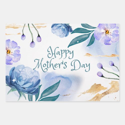 Happy Mothers Day Watercolor Blue Purple Flowers Wrapping Paper Sheets