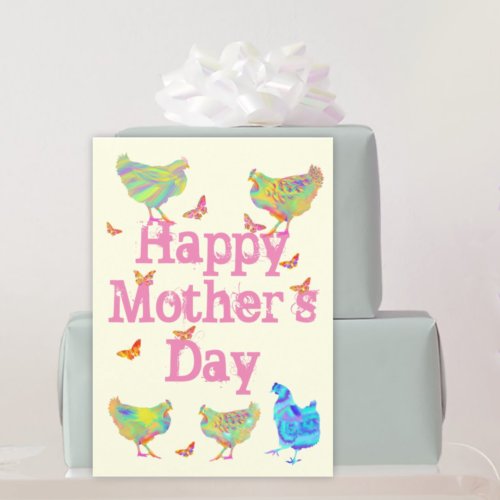 Happy Mothers Day watercolor Chickens Butterflies  Holiday Card