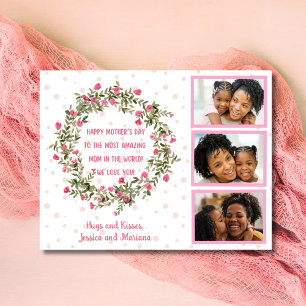 happy mothers day watercolor floral pink 3 photo holiday card