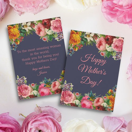 happy mothers day watercolor floral vintage blue  note card