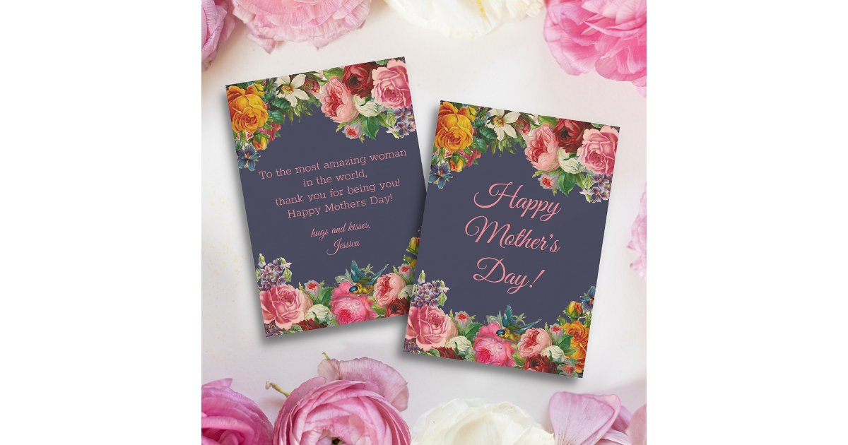 happy mothers day watercolor floral vintage blue note card | Zazzle