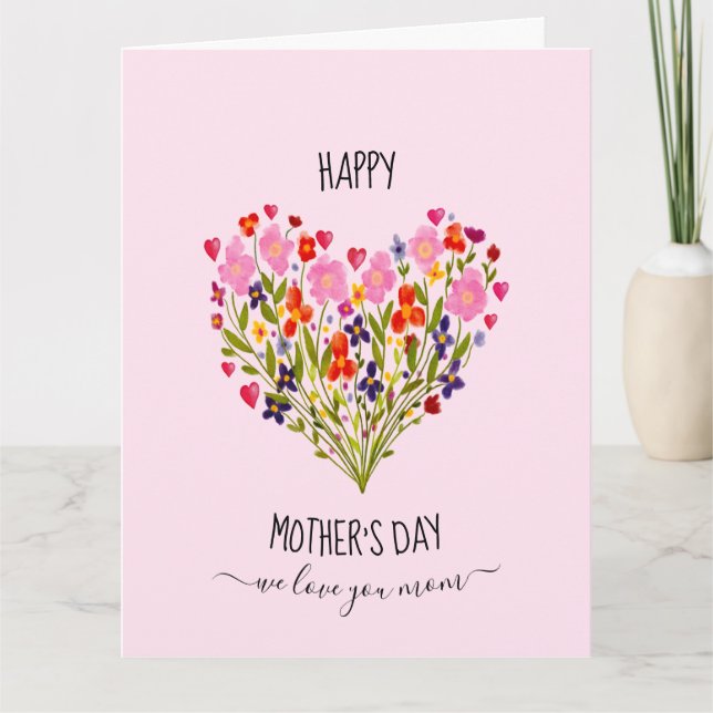 "Happy Mother's Day" Watercolor Flower Heart  Card (Front)