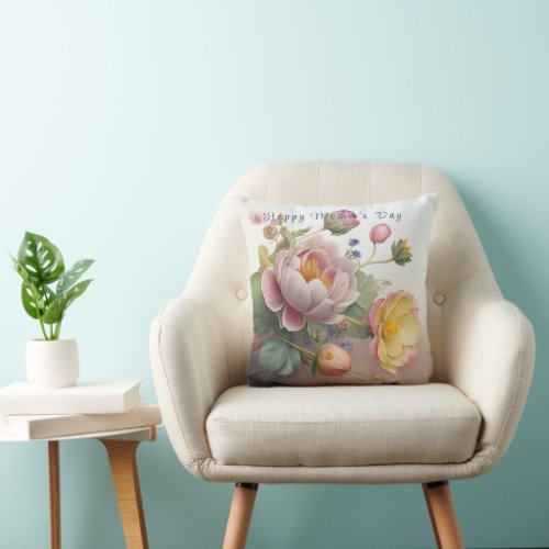 Happy Mothers Day Watercolor Flowers   Throw Pillow