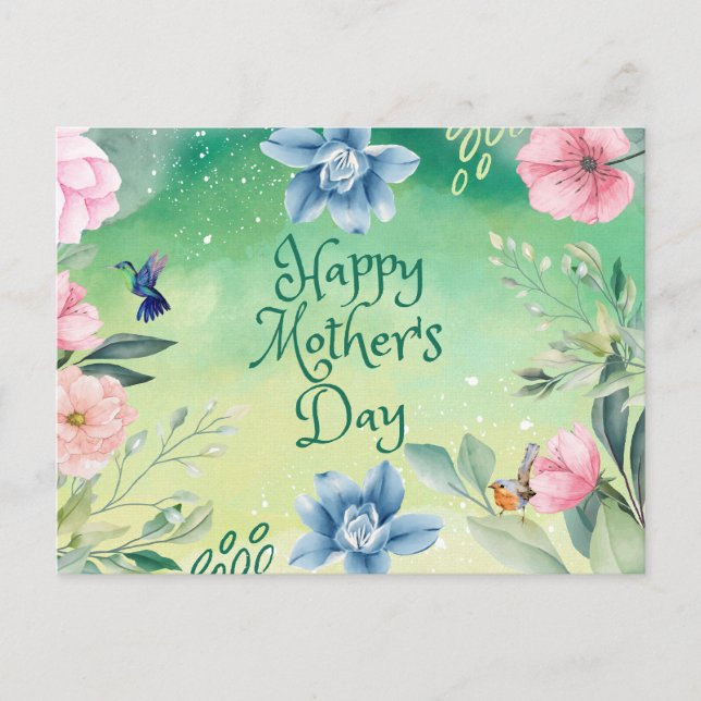 Happy Mother's Day Watercolor Pink, Blue Flowers Postcard (Front)
