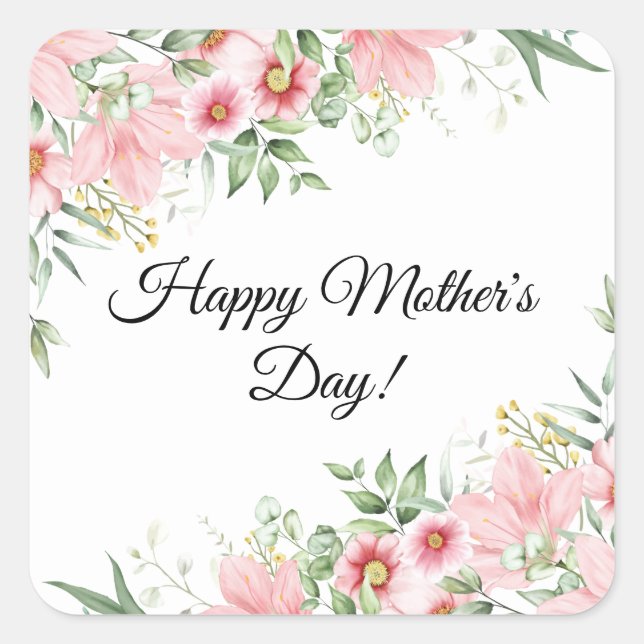 Happy Mothers Day watercolor pink floral elegant Square Sticker (Front)