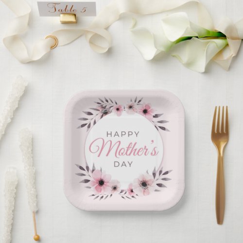 Happy Mothers Day Watercolor Pink Floral Flowers Paper Plates