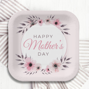 Happy Mother's Day Watercolor Pink Floral Flowers Paper Plates