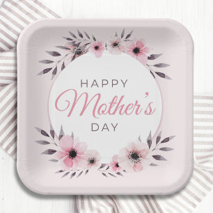 Happy Mother's Day Watercolor Pink Floral Flowers Paper Plates