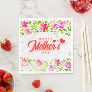 Happy Mother's Day Watercolor Pink Floral & Hearts Napkins