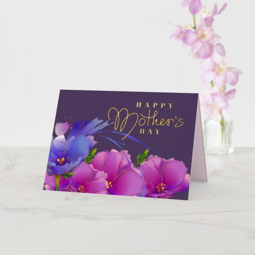 Happy Mothers Day Watercolor Pink Violet Flowers Foil Greeting Card