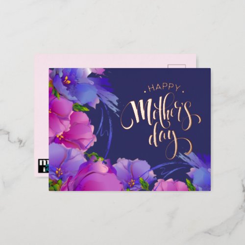 Happy Mothers Day Watercolor Pink Violet Flowers Foil Holiday Postcard
