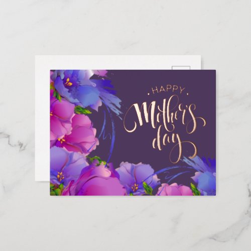 Happy Mothers Day Watercolor Pink Violet Flowers Foil Holiday Postcard
