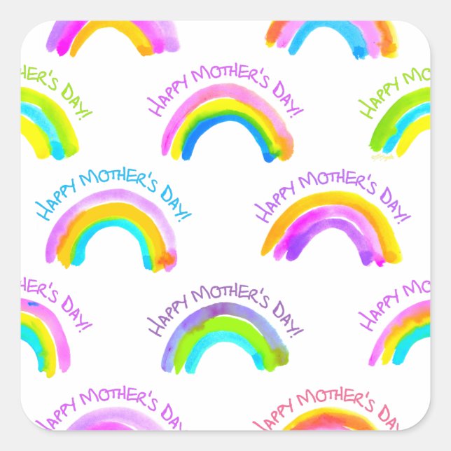 Happy Mother's Day Watercolor Rainbow Pattern Square Sticker (Front)