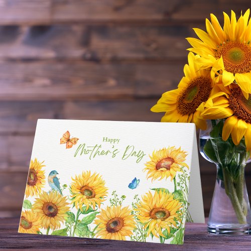 Happy Mothers Day Watercolor Sunflowers Bluebird Holiday Card
