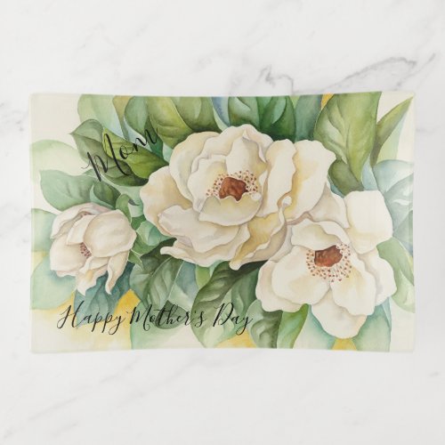 Happy Mothers Day White Magnolia Floral Add Text Trinket Tray