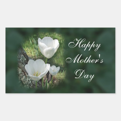 Happy Mothers Day White Tulips Rectangular Sticker