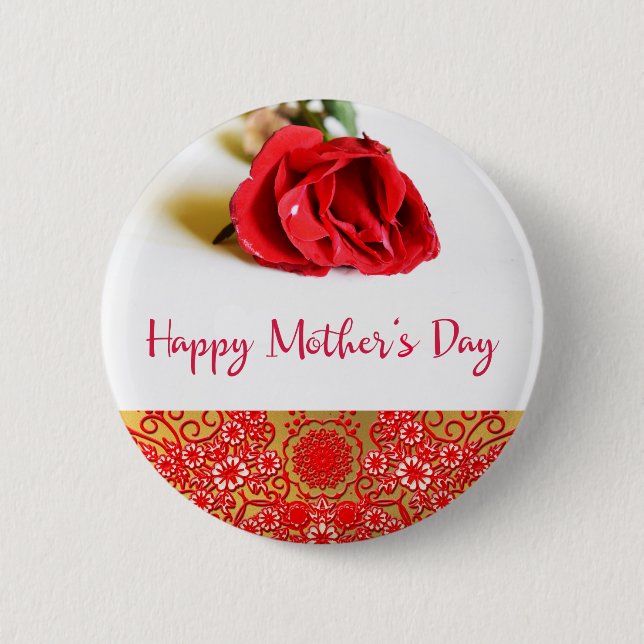 Happy Mother's Day with a Single Red Rose Pinback Button (Front)