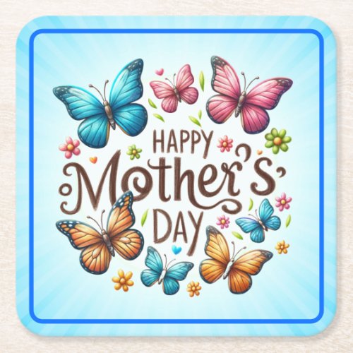 Happy Mother's Day with Butterflies Clipart Square Paper Coaster