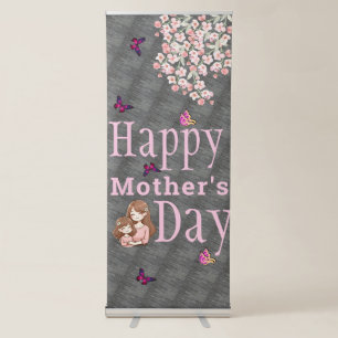 Happy Mother's Day with Butterflies & Pink Flowers Retractable Banner
