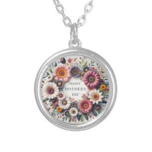 Happy Mothers Day with Flowers Silver Plated Necklace