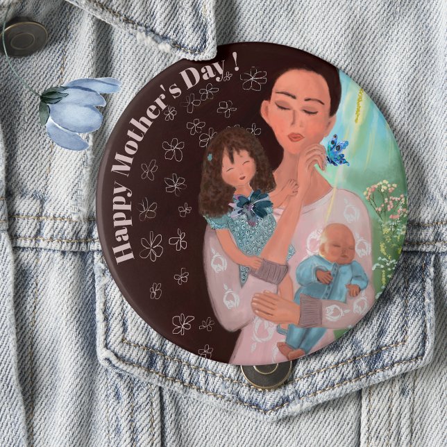 Happy Mothers Day with kids Button (Happy Mothers Day with kids Button, beautiful whimsical button)