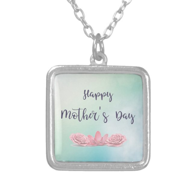 Happy-Mothers-Day-with-pink-Flowers Silver Plated Necklace (Front)