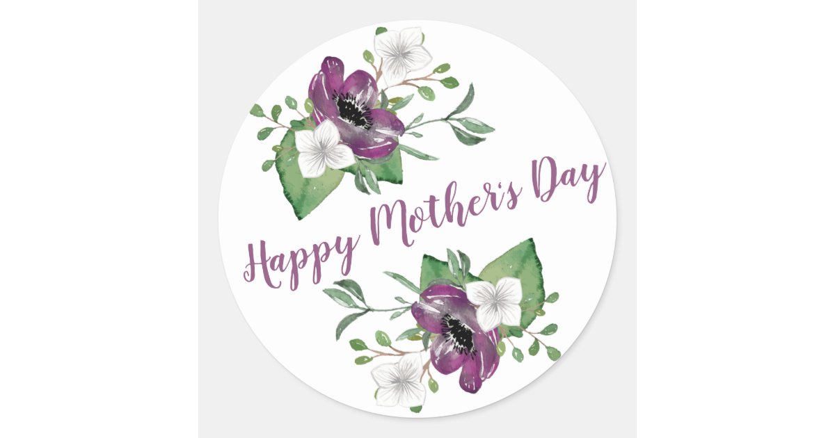 Happy Mothers Day with Pretty Watercolor Flowers Classic Round Sticker | Zazzle.com