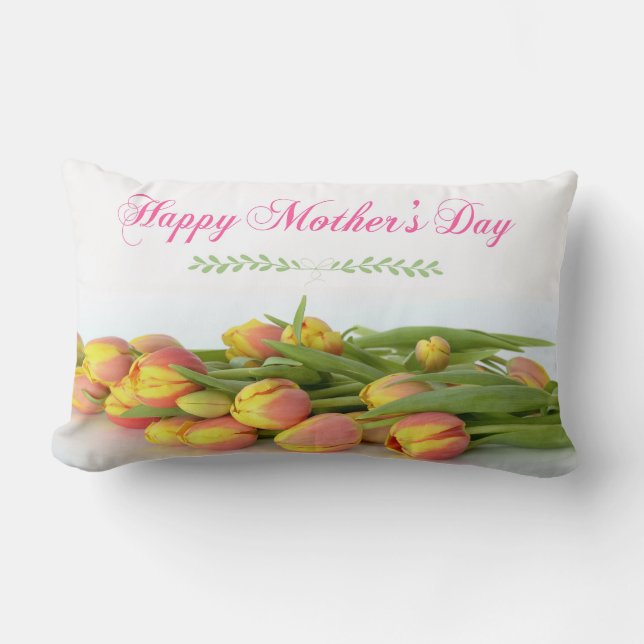 Happy Mother's Day with Yellow and Orange Tulips Lumbar Pillow (Front)