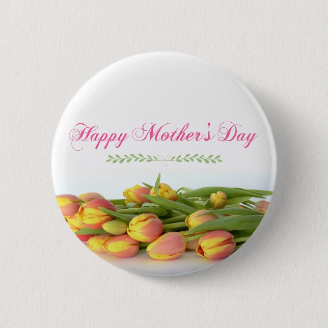 Happy Mother's Day with Yellow and Orange Tulips Pinback Button (Front)