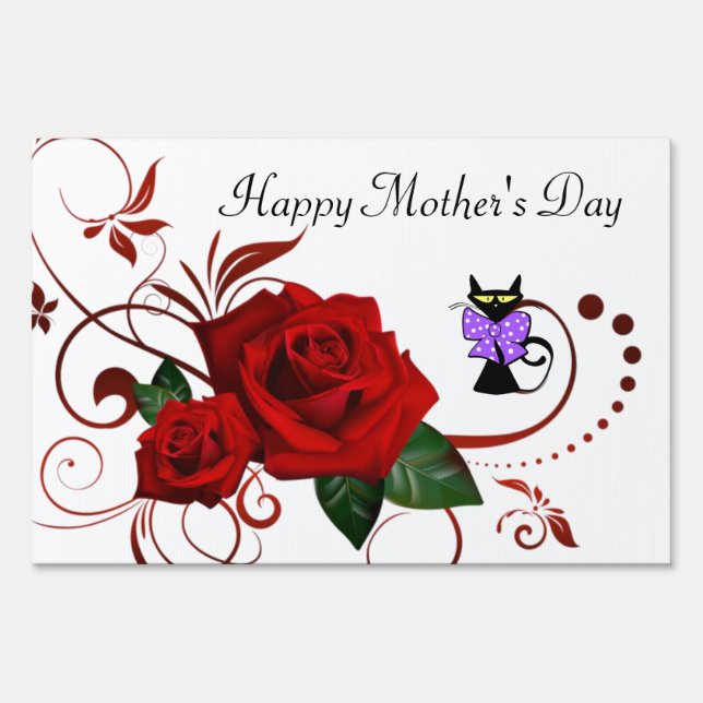 Happy Mother's Day Yard Sign Red Rose Cat (Front)