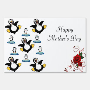 Happy Mother's Day Yard Sign Red Rose Penguin